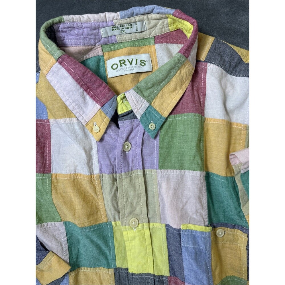 Men's ORVIS Patchwork Cotton Short Sleeve Button Colorblock Shirt XXL